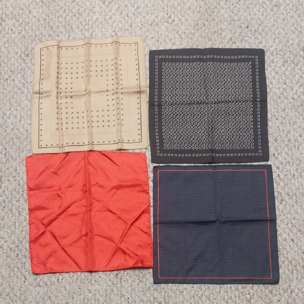 Set of 4 Pocket Squares - Beige, Red Polka Dots, Blue Polka Dots, and Black